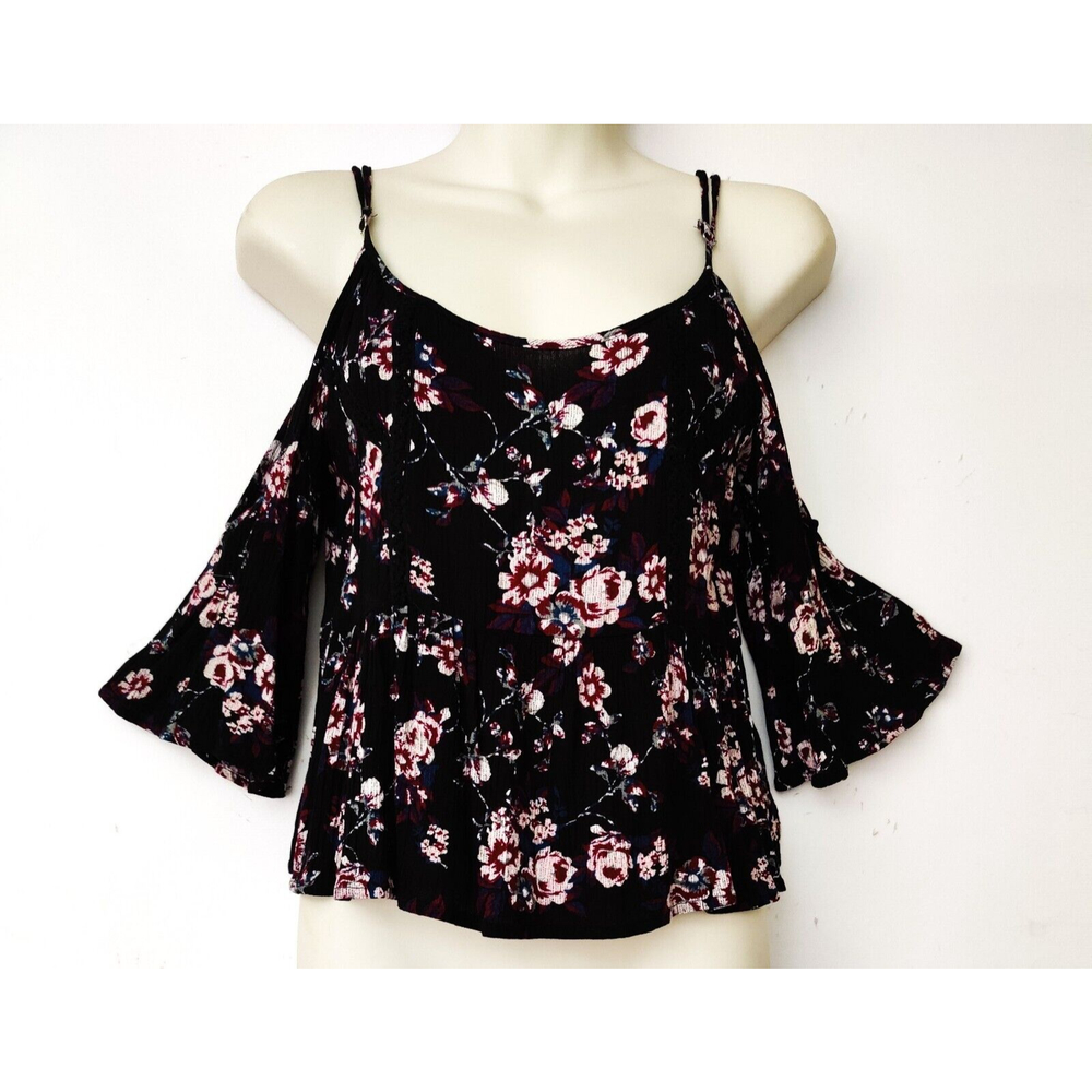 Chloe & Katie Womens Cold Shoulder Black Floral Blouse Short Sleeve Rayon SZ SM